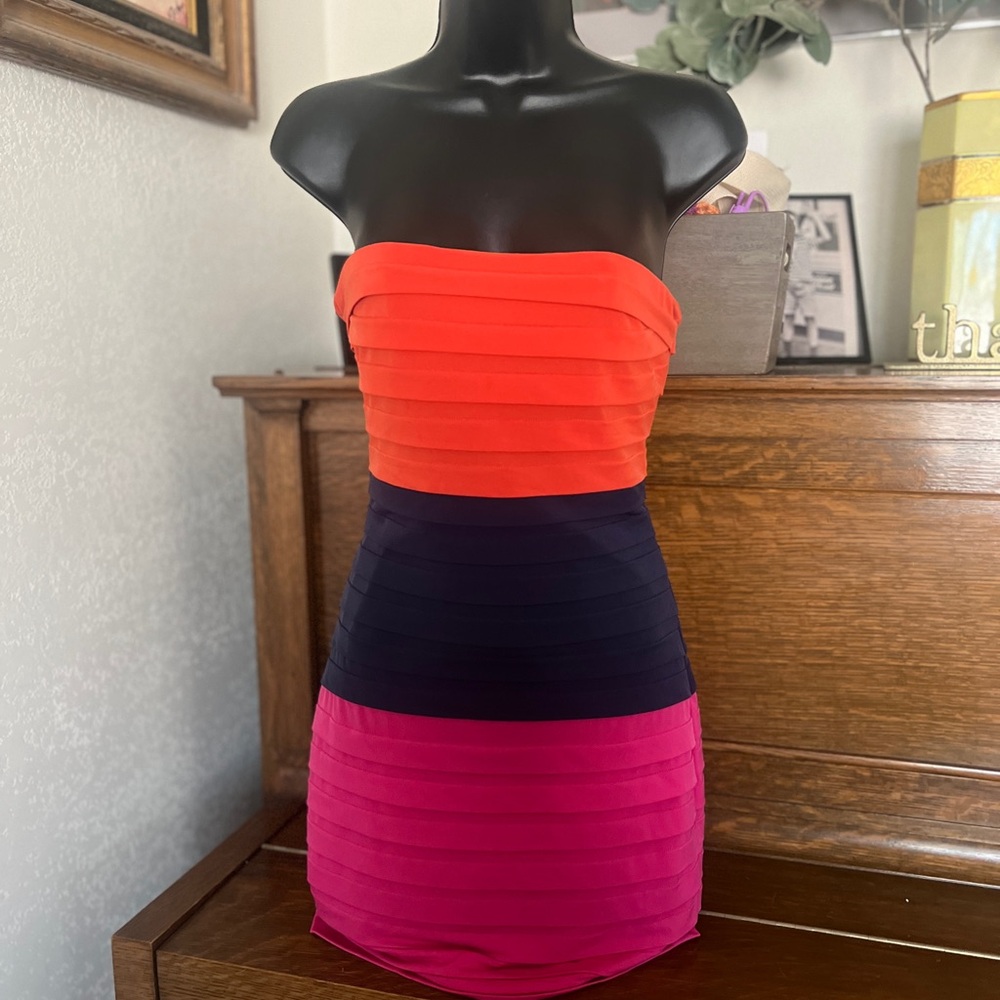 Max & Cleo Strapless Dress in Orange, Navy, and Pink